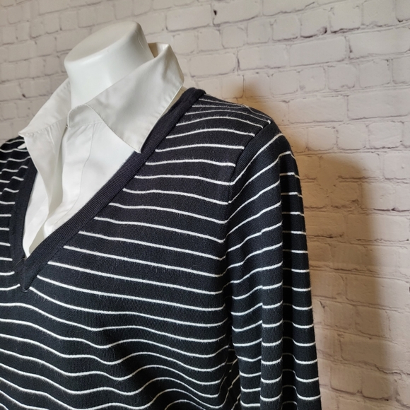 Carolyn Taylor Black and White Stripe Sweater with White Collared Shirt Size L - Picture 2 of 7